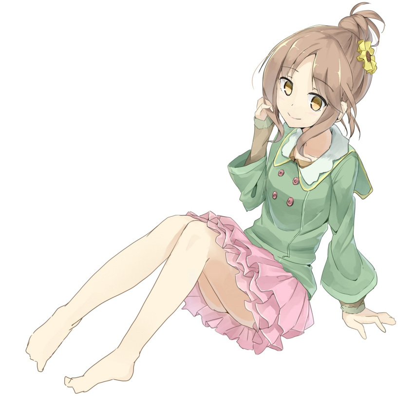 barefoot, brown_eyes, brown_hair, hair_bun, hair_ornament, highres, idolmaster, idolmaster_cinderella_girls