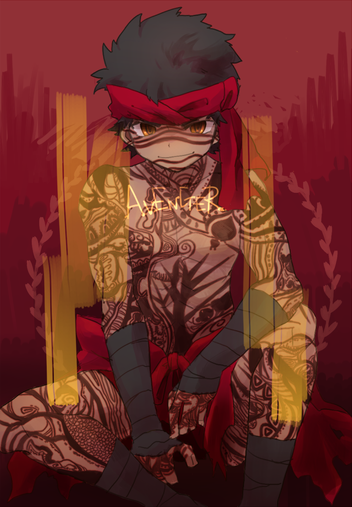 avenger, bandana, bandanna, black_hair, brown_eyes, dark_skin, fate/hollow_ataraxia, fate_(series)