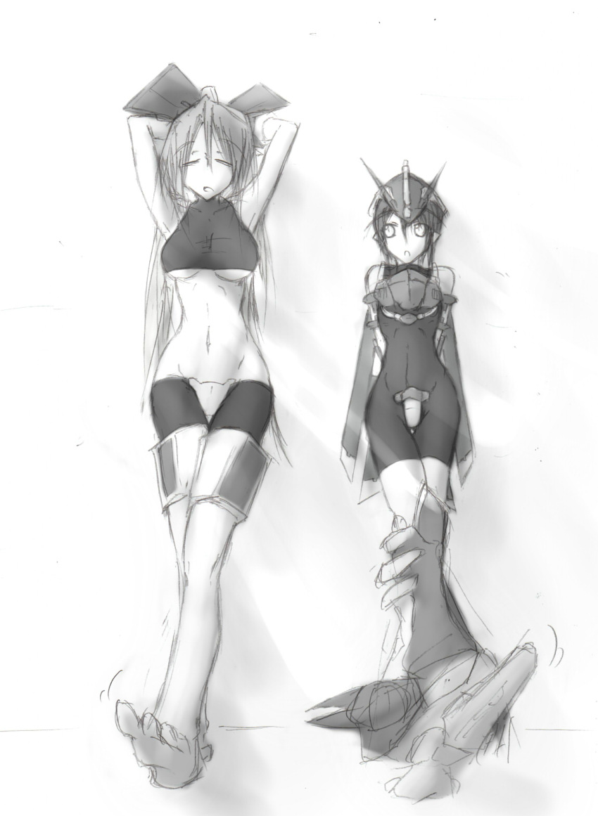 2girls, armored_core, armored_core:_for_answer, armored_core_4, distort, mecha_musume, monochrome, motorcobra