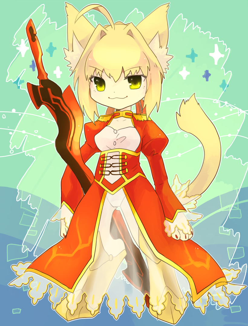 aestus_estus, ahoge, animal_ears, blonde_hair, breasts, cat_ears, cat_tail, chibi