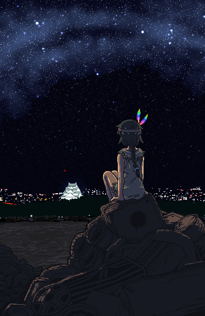 braid, brown_hair, city_lights, commentary, east_asian_architecture, from_behind, headband, headdress
