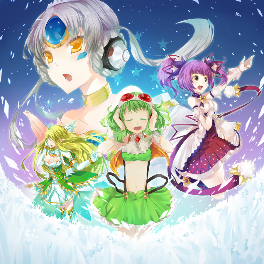 aisha_(elsword), amksr417, arm_up, bad_id, closed_eyes, colored_eyelashes, crossover, elsword, eve_(elsword), eyes_closed, gloves, goggles, goggles_on_head, green_hair, gumi, headphones, long_hair, multiple_girls, purple_eyes, purple_hair, rena_(elsword), short_hair, singing, skirt, smile, twintails, violet_eyes, vocaloid, white_hair, yellow_eyes