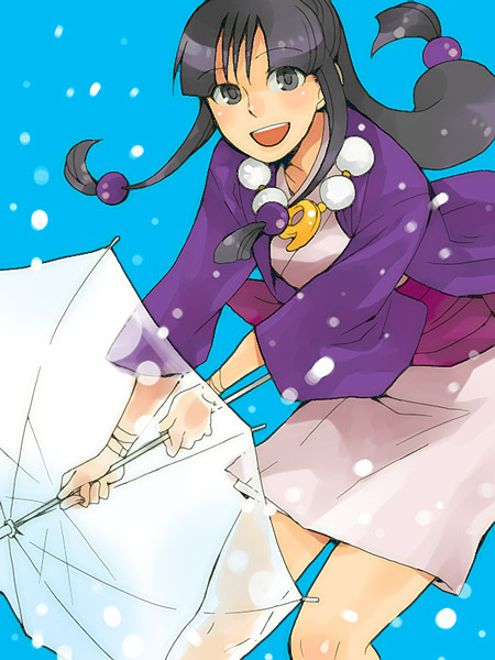 :d, ayasato_mayoi, beads, black_eyes, black_hair, blue_background, blush, bracelet, gyakuten_saiban, hair_beads, happy, japanese_clothes, jewelry, kimono, long_hair, long_sleeves, looking_at_viewer, magatama, necklace, open_mouth, rain, ribbon, sash, satoo, short_kimono, smile, solo, teeth, transparent_umbrella, umbrella, wide_sleeves