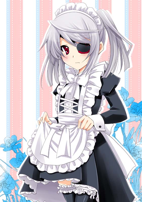 eyepatch, infinite_stratos, laura_bodewig, long_hair, maid, maid_headdress, red_eyes, silver_hair