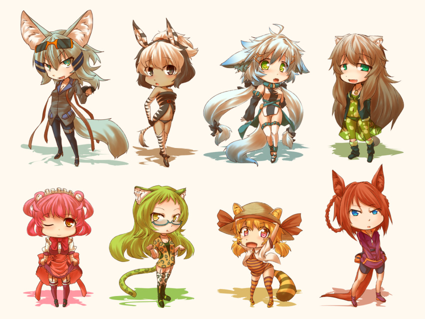 animal_ears, chibi, glasses, hat, highres, isagomiya_mimi, kiyomiya_hikari, kuromiya, long_hair, looking_at_viewer, madaramiya_yuuki, multiple_girls, original, shimamiya_mayuki, shiromiya_asuka, smile, striped, tail, very_long_hair, wink