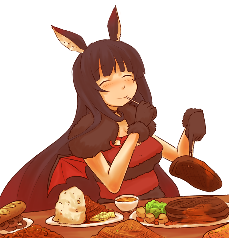 animal_ears, blush, closed_eyes, eating, eyes_closed, kuromiya, long_hair, original, simple_background, smile, solo, very_long_hair, white_background, wings, yorumiya_saine