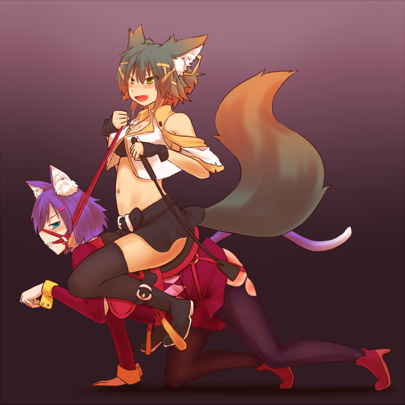 all_fours, animal_ears, bdsm, blush, breasts, femdom, femsub, kuromiya, kuromiya_raika, multiple_girls, original, purple_hair, riding, riding_crop, short_hair, sitting, sitting_on_person, skirt, spank, tail, thigh-highs, thighhighs, yuri