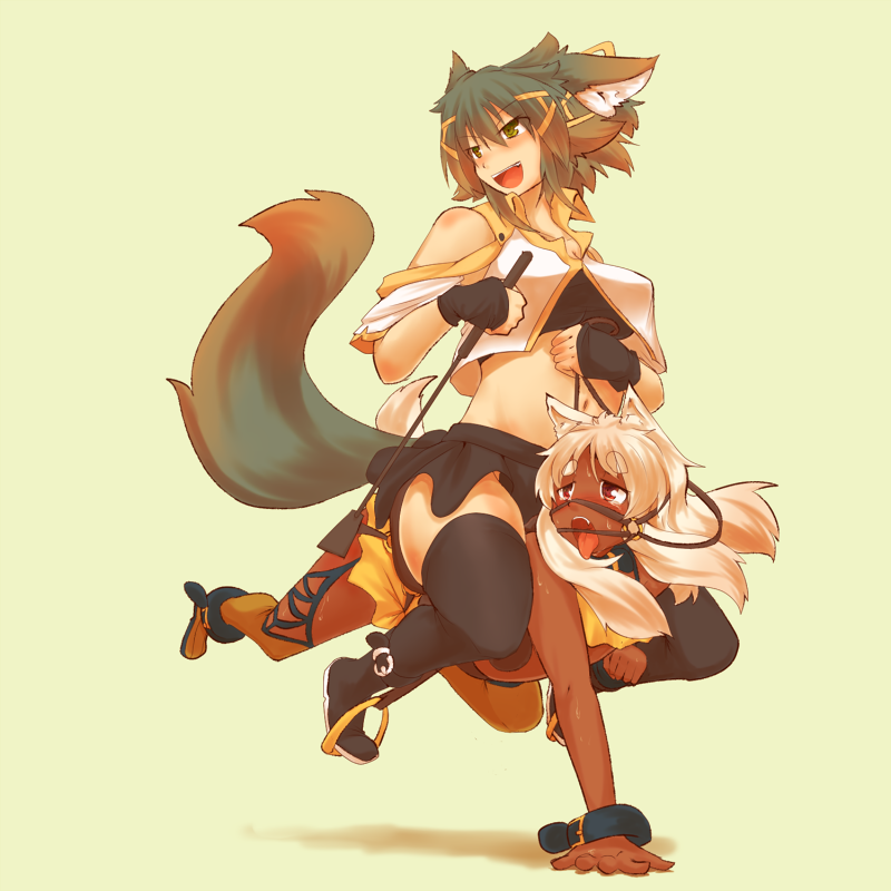 all_fours, animal_ears, blush, breasts, femdom, femsub, kuromiya, kuromiya_raika, long_hair, multiple_girls, open_mouth, original, pony_girl, riding, simple_background, sitting, sitting_on_person, skirt, smile, tail, thigh-highs, thighhighs, yuri