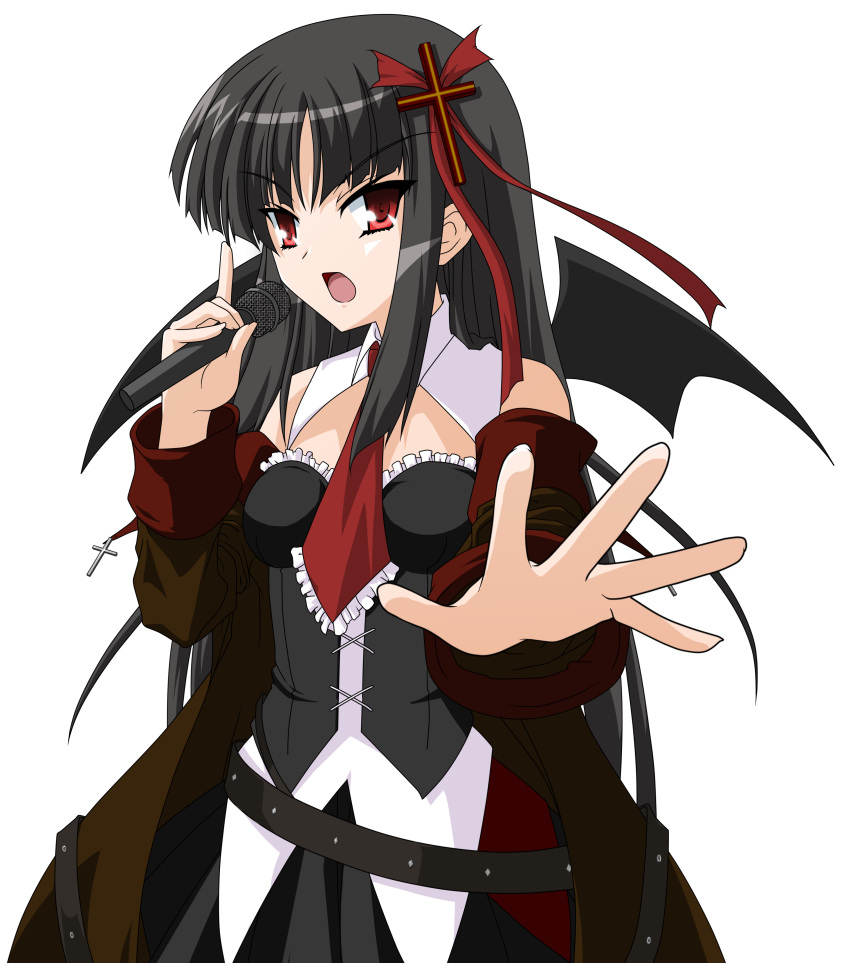 1girl, bare_shoulders, belt, black_hair, cross, gekidoukag_(danmaku), hair_ornament, highres, kore_wa_zombie_desu_ka, kore_wa_zombie_desu_ka?, long_hair, microphone, open_mouth, red_eyes, sarasvati_(kore_wa_zombie_desu_ka?), saraswati_(kore_wa_zombie_desu_ka?), solo, transparent_background, very_long_hair, wings