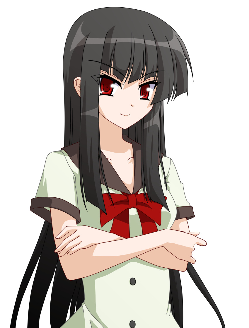 black_hair, crossed_arms, gekidoukag_(danmaku), highres, kore_wa_zombie_desu_ka?, long_hair, red_eyes, ribbon