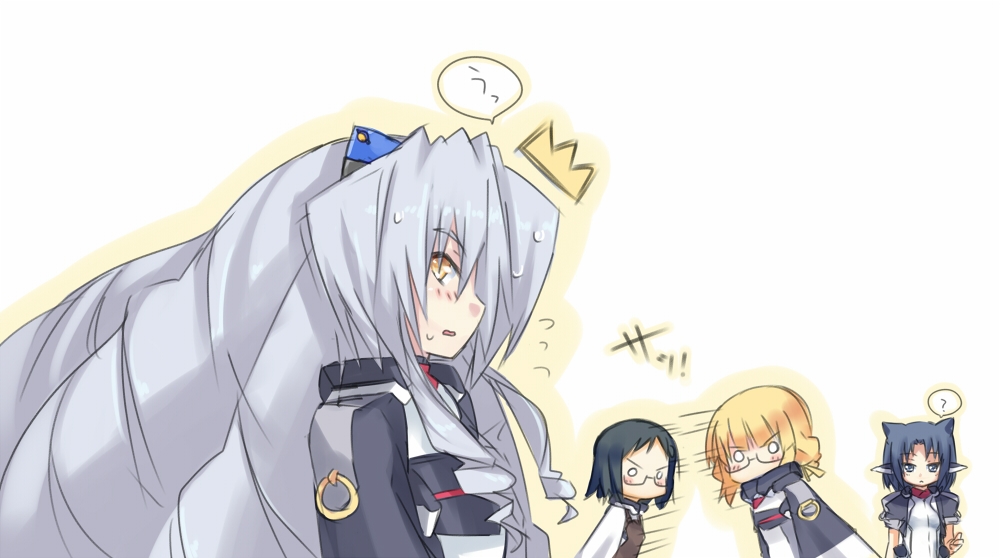 3girls, adele_balfetto, animal_ears, black_hair, blonde_hair, blue_eyes, blue_hair, blush, bodysuit, cat_ears, character_request, drill_hair, flat_chest, glasses, grey_hair, hair_ornament, kyoukai_senjou_no_horizon, leg_95, long_hair, multiple_girls, neito_mitotsudaira, regu, sanyou_mitsuki, satomi_yoshiyasu, short_hair, silver_hair, very_long_hair, yellow_eyes