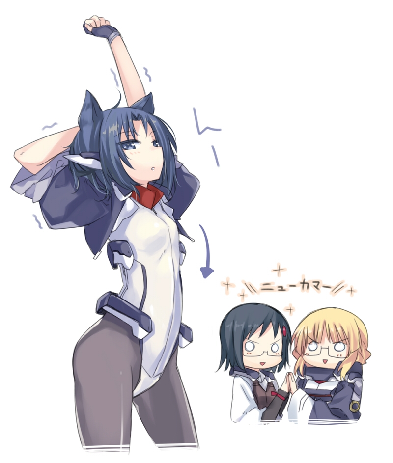 adele_balfetto, animal_ears, black_hair, blonde_hair, blue_eyes, blue_hair, bodysuit, cat_ears