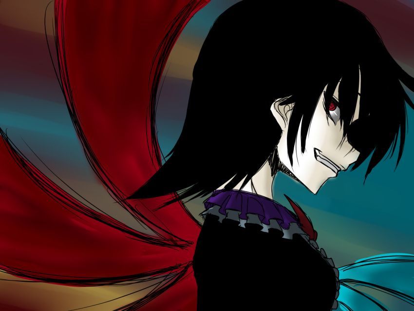 grin, highres, houjuu_nue, looking_back, red_eyes, short_hair, smile, solo