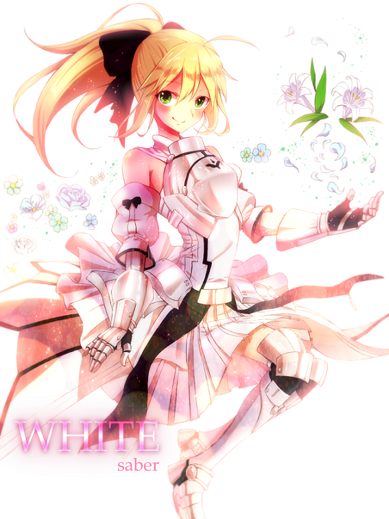 ahoge, armor, armored_dress, bare_shoulders, blazbluefairy, blonde_hair, bow, detached_sleeves, dress, fate/stay_night, fate/unlimited_codes, fate_(series), flower, gauntlets, green_eyes, hair_bow, lily_(flower), ponytail, saber, saber_lily, smile, solo
