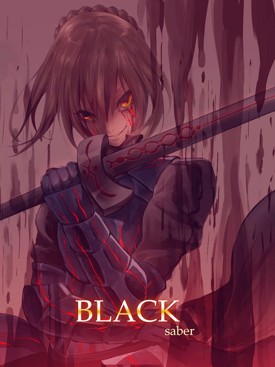 ahoge, armor, armored_dress, blazbluefairy, blonde_hair, blood, bloody_tears, dark_excalibur, dress, evil_smile, fate/stay_night, fate_(series), gauntlets, saber, saber_alter, smile, solo, sword, weapon, yellow_eyes