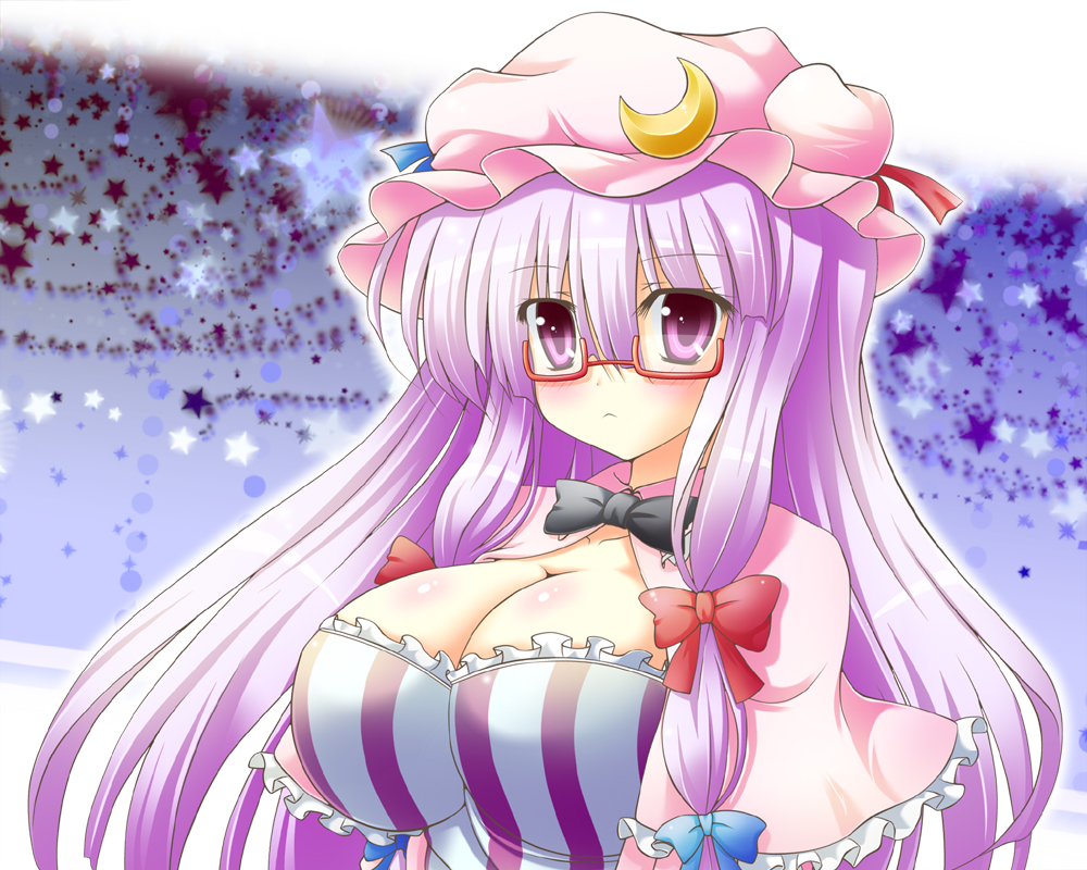 bespectacled, blush, bow, breasts, bust, cleavage, crescent, glasses
