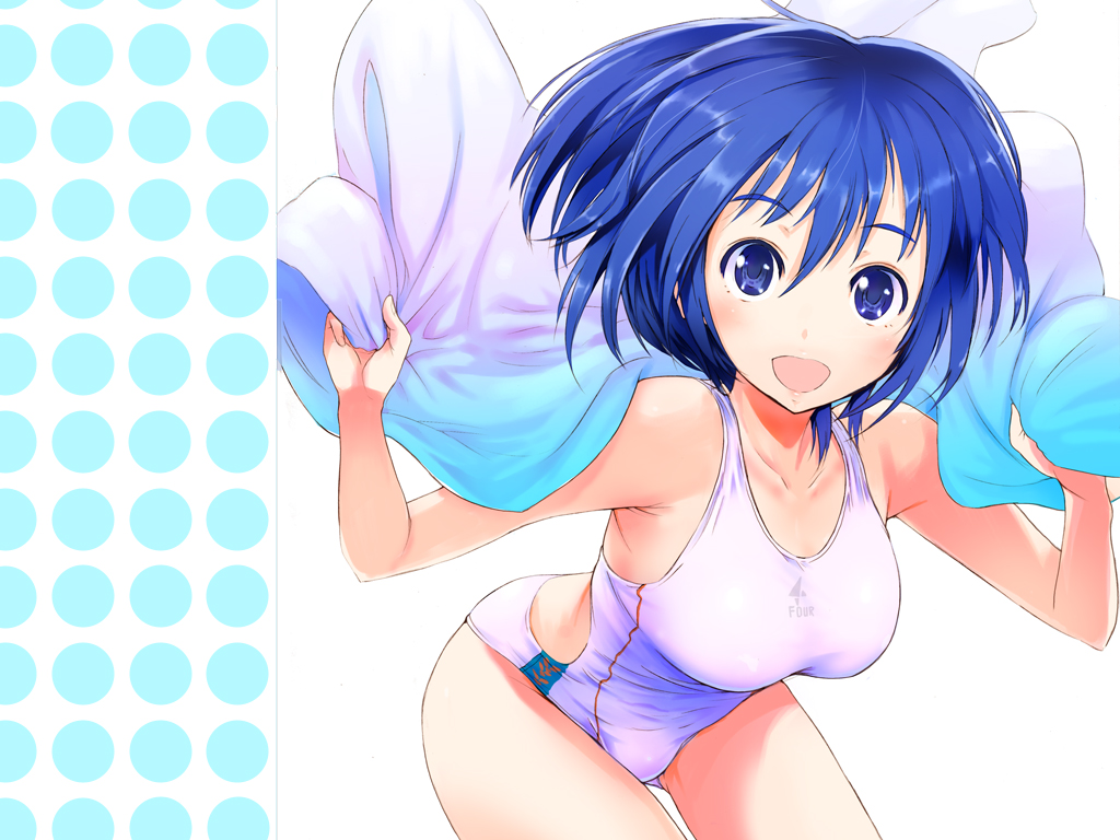 :d, blue_eyes, blue_hair, blush, breasts, collarbone, frogman, holding, izumi_haruka, looking_at_viewer, nylon, one-piece_swimsuit, open_mouth, short_hair, smile, solo, swimsuit, towel