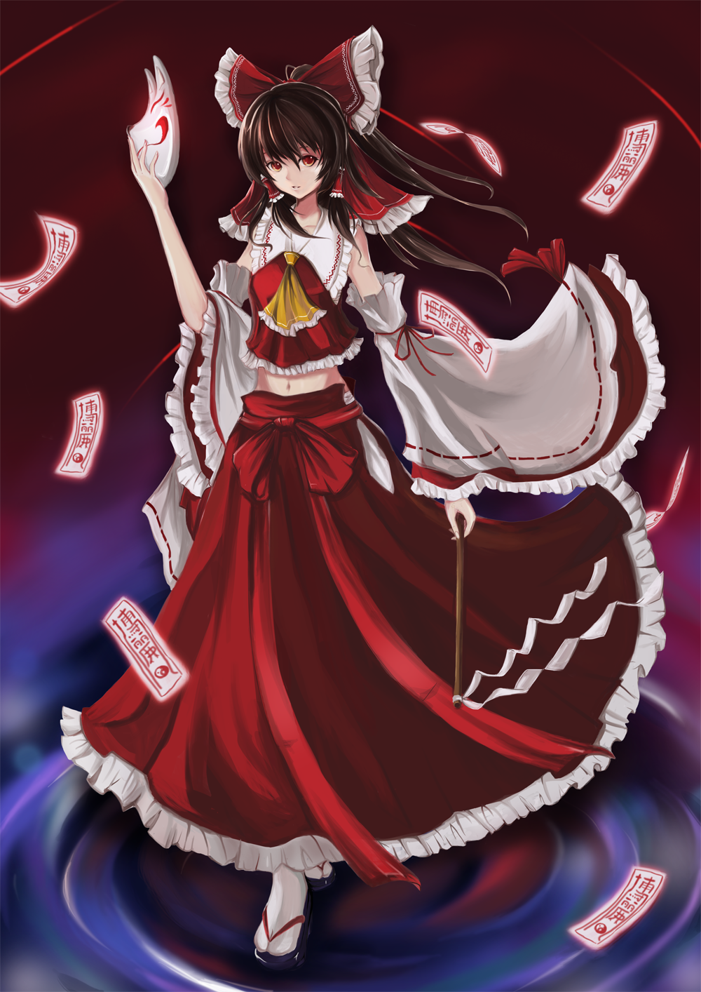 ascot, bow, collarbone, detached_sleeves, gohei, hair_bow, hair_tubes, hakurei_reimu, highres, long_hair, long_skirt, mask, navel, ofuda, red_eyes, skirt, solo, standing, touhou, wide_sleeves, zszero