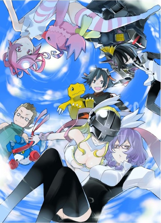 3boys, agumon, alternate_legwear, angewomon, biyomon, blue_eyes, blue_hair, digimon, digimon_world_re:digitize, down_blouse, gaomon, glasses, helmet, highres, kuga_yuuya, mikagura_mirei, multiple_boys, multiple_girls, nicolai_petrov, official_art, pantyhose, purple_eyes, purple_hair, rindou_akiho, taiga_(digimon), thigh-highs, thighhighs, twintails, violet_eyes, yasuda_suzuhito