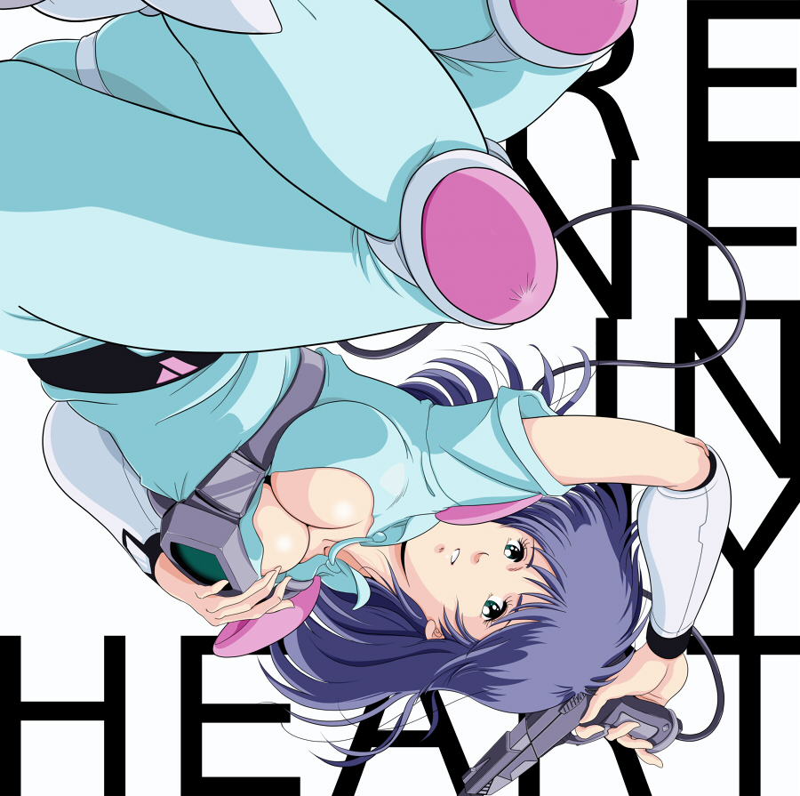 akai_koudan_zillion, apple_(zillion), blue_hair, bodysuit, breasts, green_eyes, gun, knee_pads