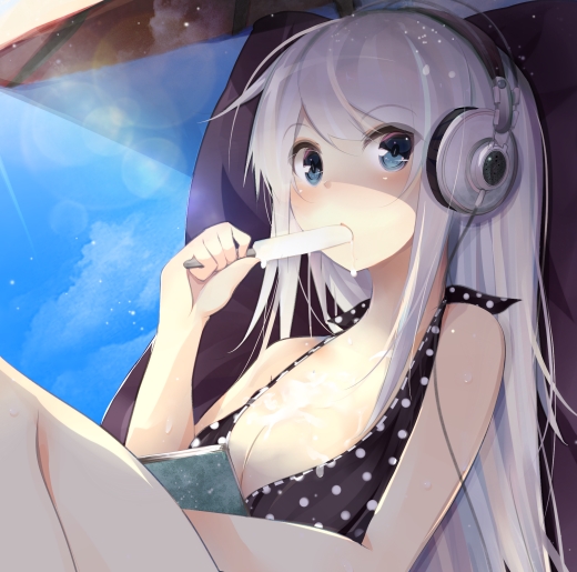 bikini, blue_eyes, blush, book, headphones, long_hair, mouth_hold, nmaaaaa