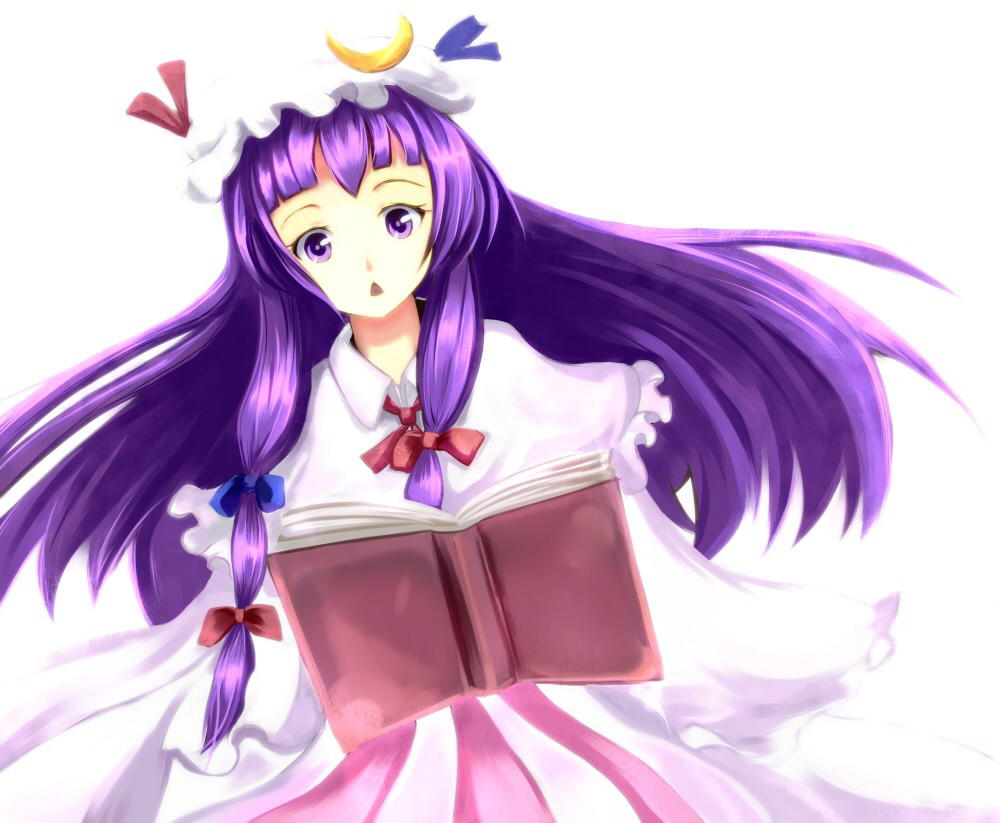 book, crescent, hat, long_hair, patchouli_knowledge, purple_hair, sakura_ani, solo