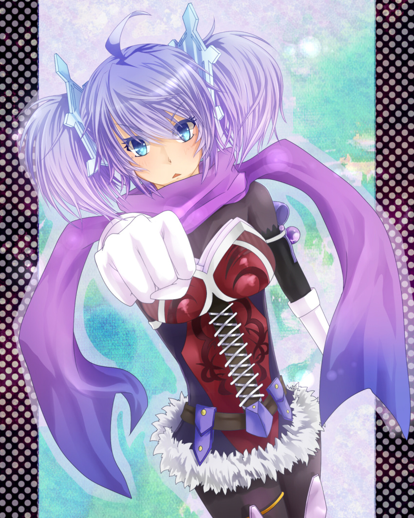blue_eyes, blue_hair, corset, dance_princess_of_the_ice_barrier, hair_ornament, scarf, short_twintails, twintails