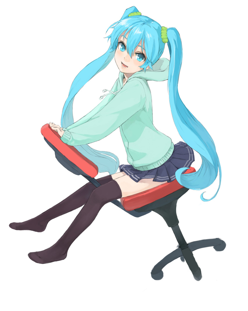 aqua_eyes, aqua_hair, chair, hatsune_miku, highres, hoodie, kuroko_(piii), long_hair