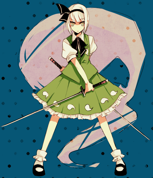 blush, dual_wielding, hair_ribbon, hairband, hitodama, ishiaji, katana, konpaku_youmu