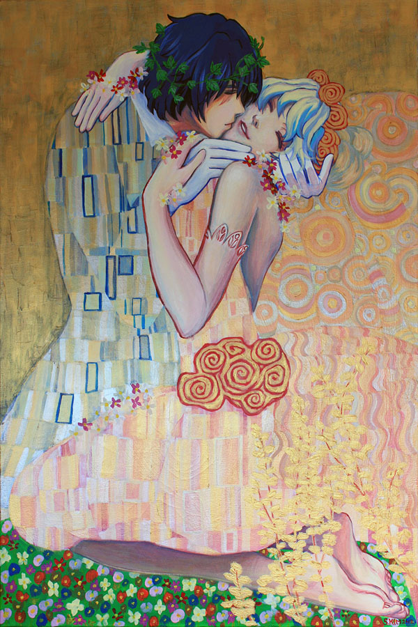 1girl, blue_hair, closed_eyes, couple, eyes_closed, fine_art_parody, flower, gustav_klimt