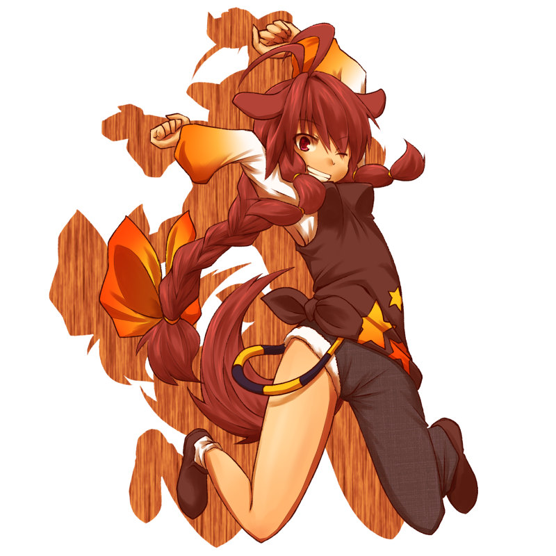 animal_ears, asymmetrical_clothes, asymmetrical_legwear, braid, brown, inumiya_shiho, kuromiya, long_hair