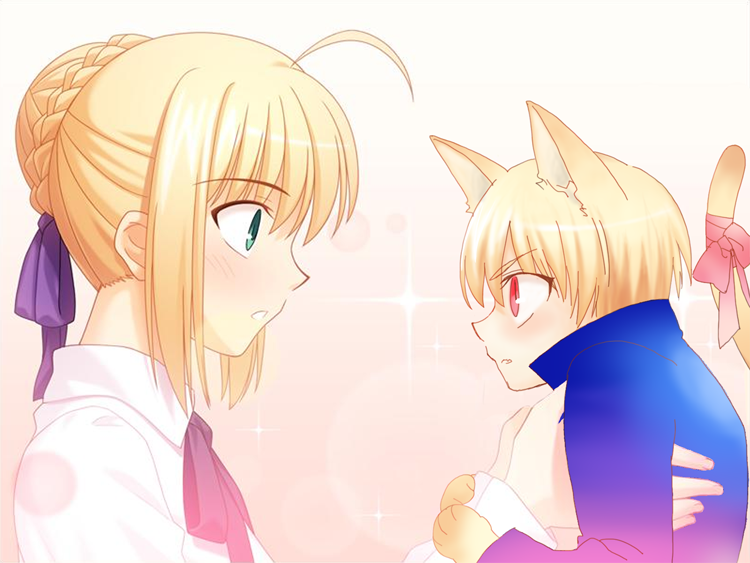 1girl, ahoge, animal_ears, blonde_hair, casual, cat_ears, cat_tail, catboy, chibi, cone_(emishyz), emishyz, fate/hollow_ataraxia, fate/stay_night, fate_(series), gilgamesh, hair_bun, hair_ribbon, kemonomimi_mode, official_style, parody, photoshop, red_eyes, ribbon, saber, tail, takeuchi_takashi
