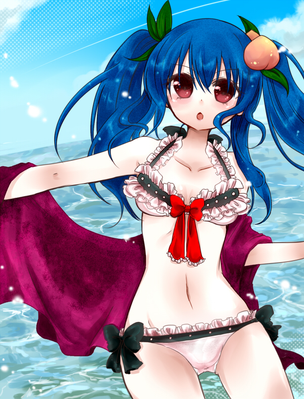 alternate_hairstyle, bikini, blue_hair, food, fruit, hair_ornament, hinanawi_tenshi, midriff
