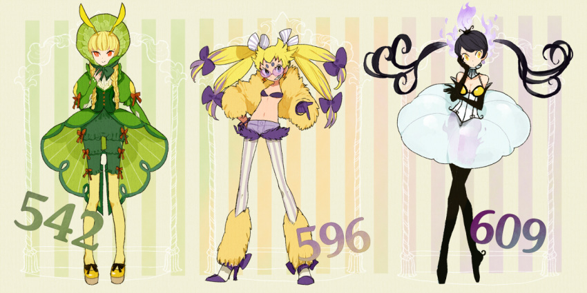 bare_shoulders, bikini_top, black_hair, blonde_hair, bonnet, bracelet, chandelure, earrings
