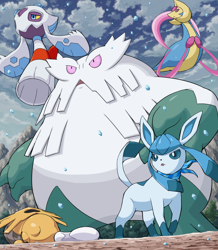 abomasnow, blue_eyes, cloud, clouds, cresselia, froslass, glaceon, hail, halo, mountain, no_humans, open_mouth, outdoors, pink_eyes, pokemoa, pokemon, pokemon_(creature), scarf, shedinja, sky
