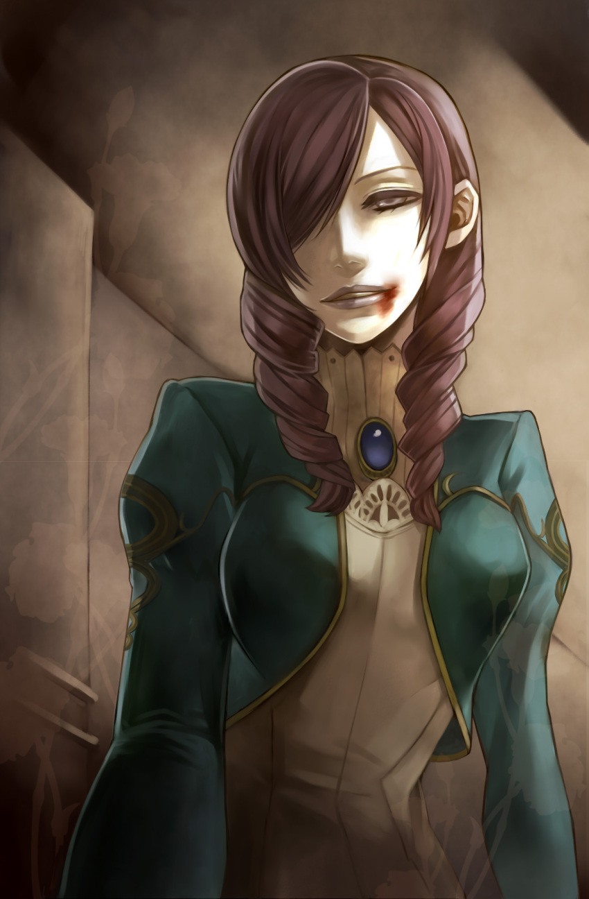 1girl, blood, blood_on_face, brooch, daniella, demento, dress, drill_hair
