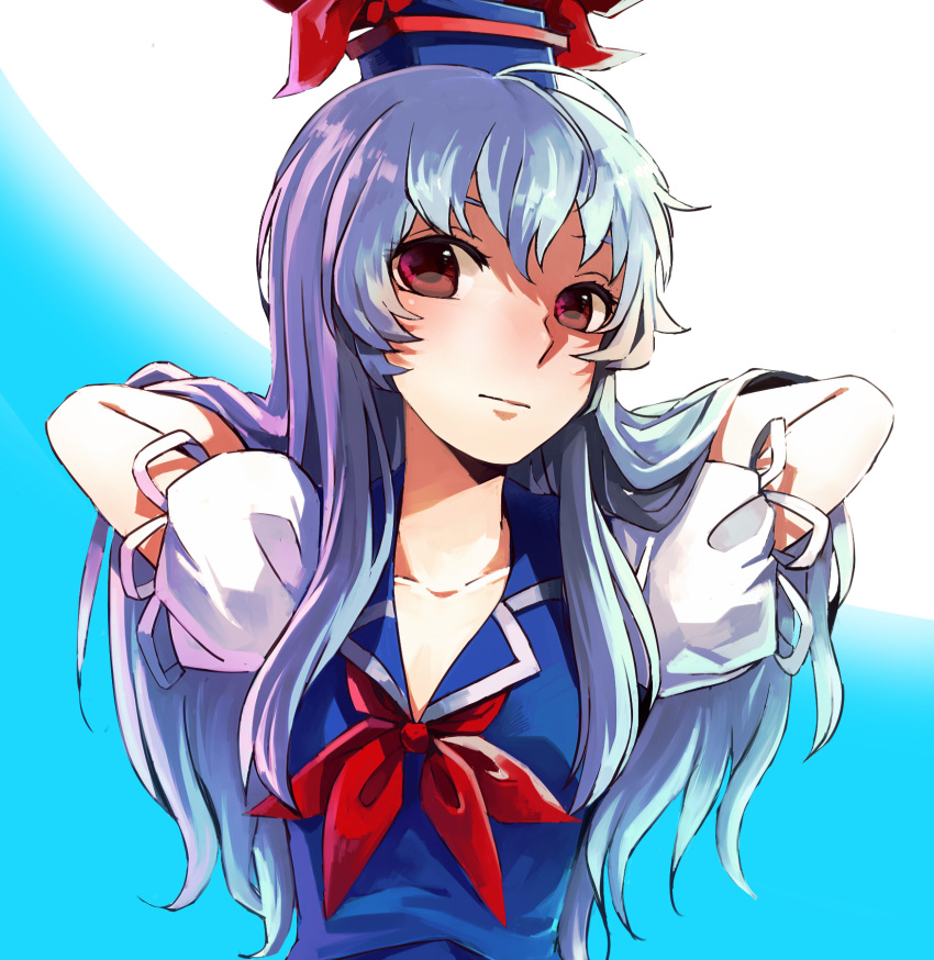 74_(teduka), arms_behind_head, blue_hair, breasts, bust, dress, hands_in_hair, hat