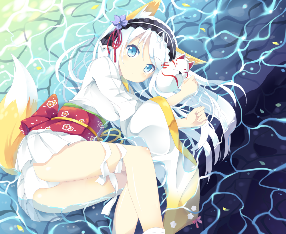 animal_ears, ass, brown_eyes, fox_ears, fox_tail, headdress, kimono, kitsune