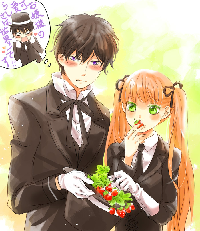 blush, brown_hair, eating, felicita, food, fruit, gloves, green_eyes