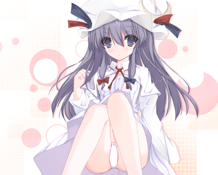 bad_id, blush, capelet, crescent, hat, long_hair, long_sleeves, panties, patchouli_knowledge, purple_eyes, purple_hair, sitting, solo, touhou, underwear, violet_eyes, white_panties, yyy3