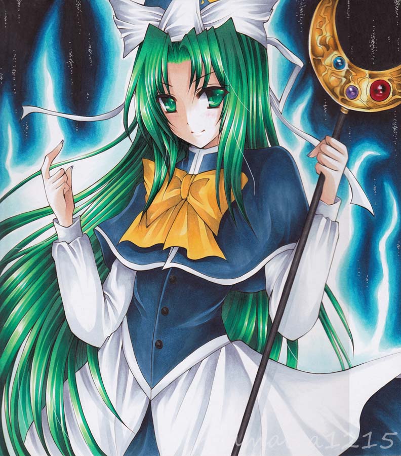 bow, capelet, crescent, green_eyes, green_hair, hat, long_hair, long_sleeves, mima, ryumaira, smile, solo, staff, touhou, touhou_(pc-98), very_long_hair