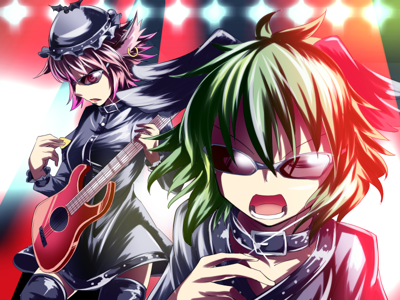 animal_ears, choujuu_gigaku, collar, earrings, electric_guitar, green_hair, guitar, hat