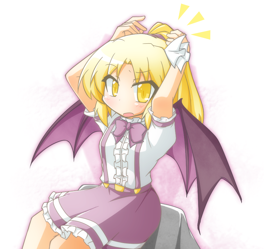 1girl, alternate_hairstyle, bat_wings, blonde_hair, blush, bow, cop_(shokkidana), hair_ribbon