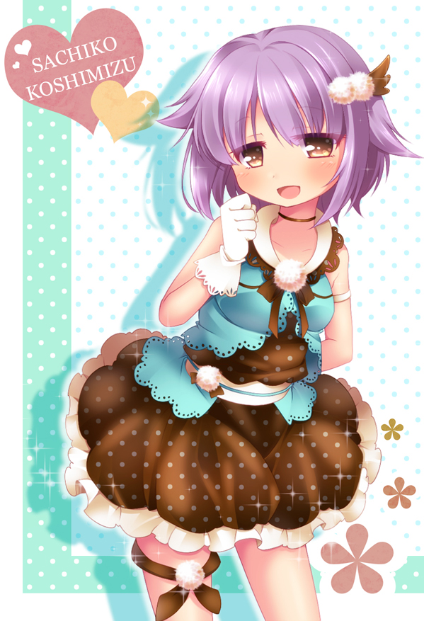:d, blush, brown_dress, brown_hair, character_name, dress, gloves, hair_ornament