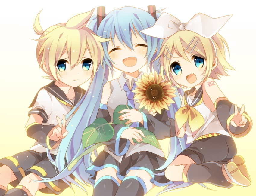 2girls, blonde_hair, blue_eyes, blue_hair, closed_eyes, detached_sleeves, fang, flower