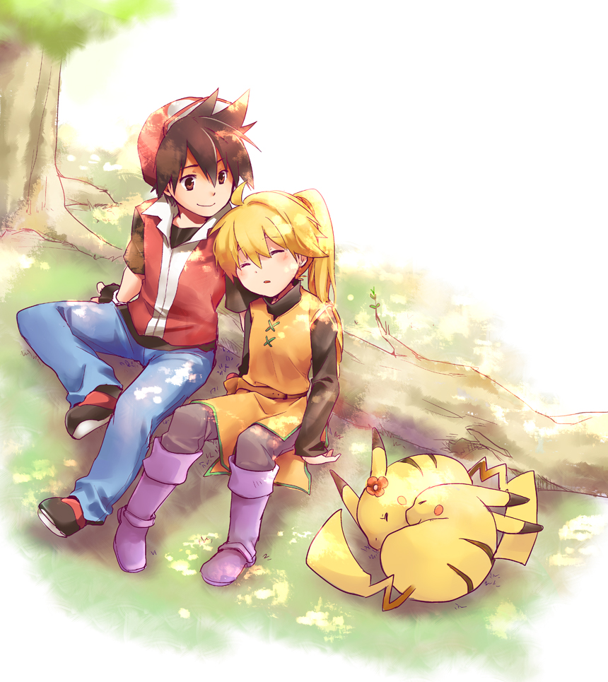 1boy, 1girl, baseball_cap, belt, black_hair, blonde_hair, boots, chuchu_(pokemon)