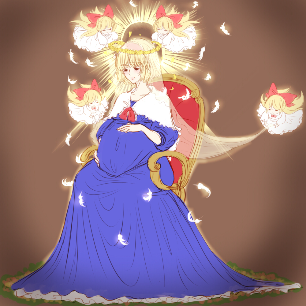 alice_margatroid, blonde_hair, capelet, chair, closed_eyes, doll, dress, eyes_closed, feathers, hairband, halo, nurupoga, pregnant, ribbon, shanghai_doll, short_hair, smile, solo, touhou, veil