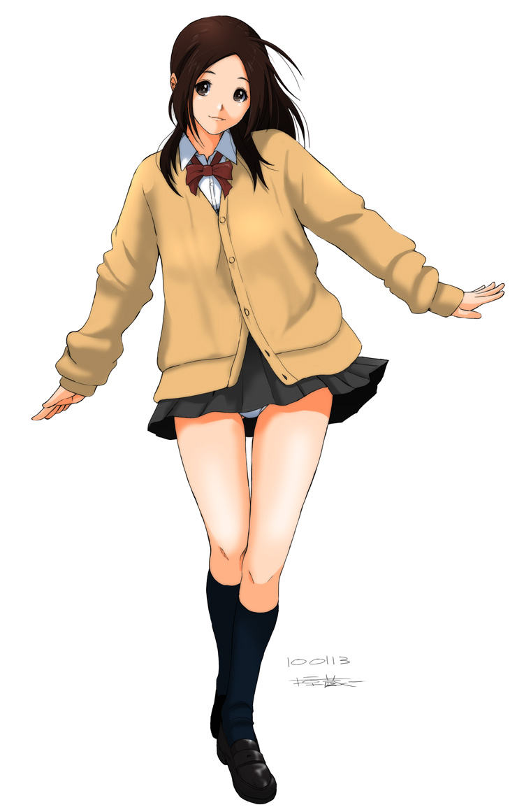black_socks, bow, brown_eyes, brown_hair, kneehighs, legs, long_hair, miniskirt