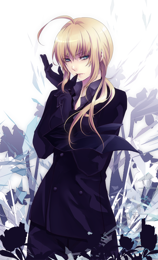 ahoge, blonde_hair, business_suit, domco, fate/zero, fate_(series), formal, gloves