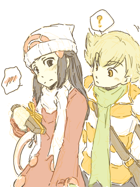1boy, 1girl, ?, bag, beanie, black_hair, blonde_hair, blush